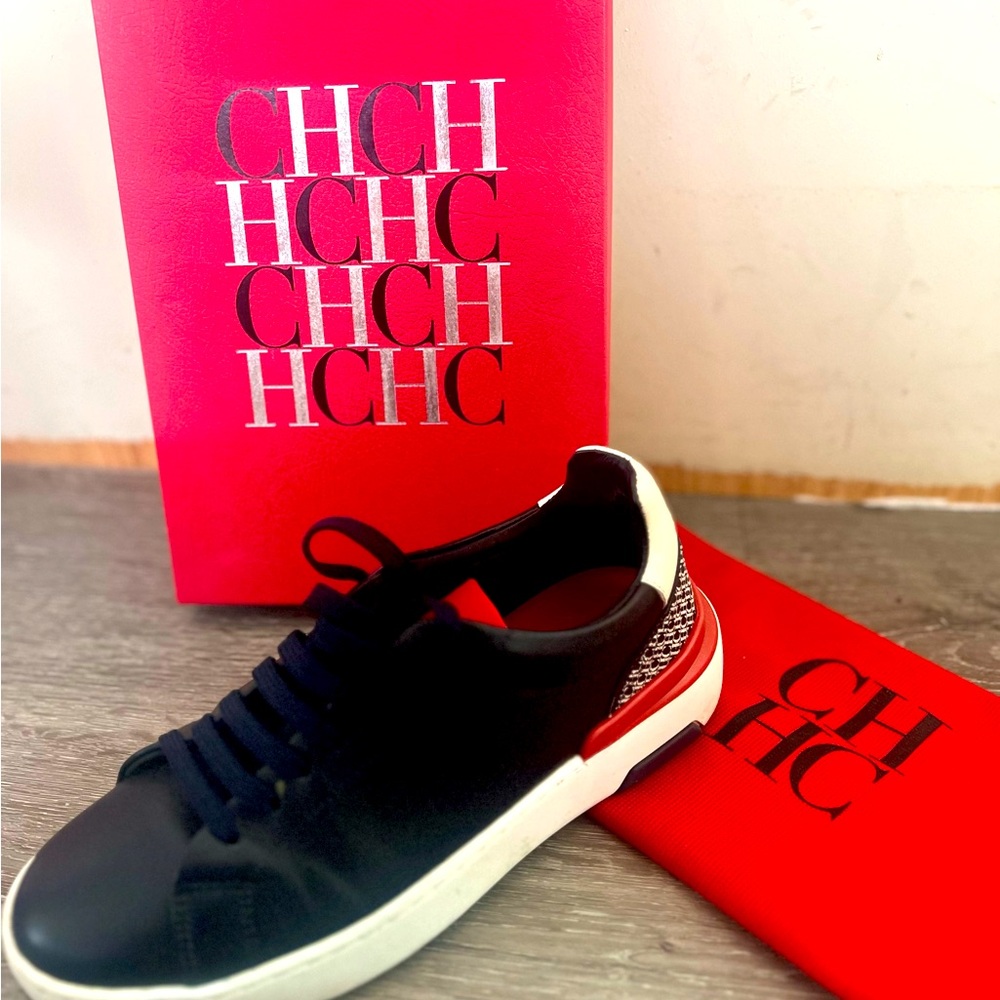 Leather sneakers with canvas heels navy/santorini